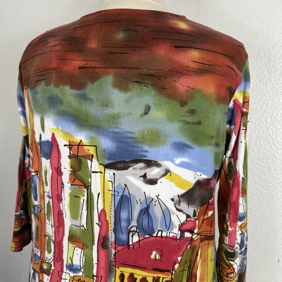Michael Leu Top Women 2X Watercolor Colorful Cityscape Statement Artsy Vacation - Picture 9 of 13